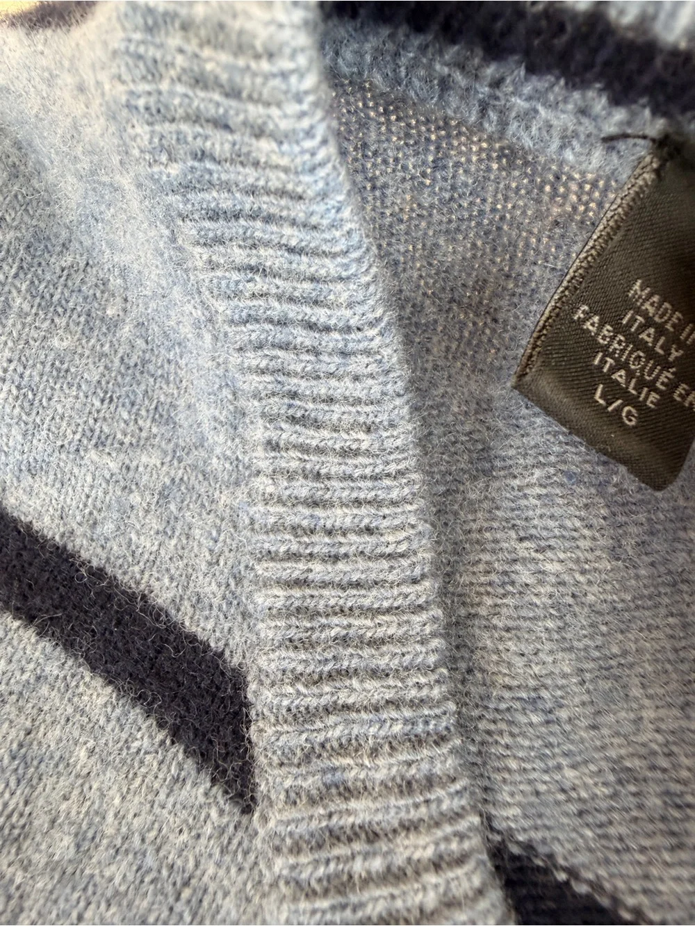 Saks Fifth Avenue Men's Light Blue Crewneck Sweater with Navy Stripes